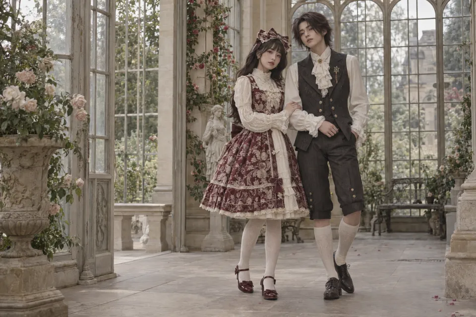 LaceRealm campaign concept: Classic Lolita and Ouji together in a sunlit Victorian conservatory